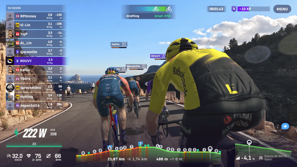 Virtual road cycling race with rider data and broadcast-style graphics