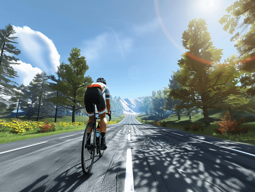 Virtual road cycling race with rider data and broadcast-style graphics