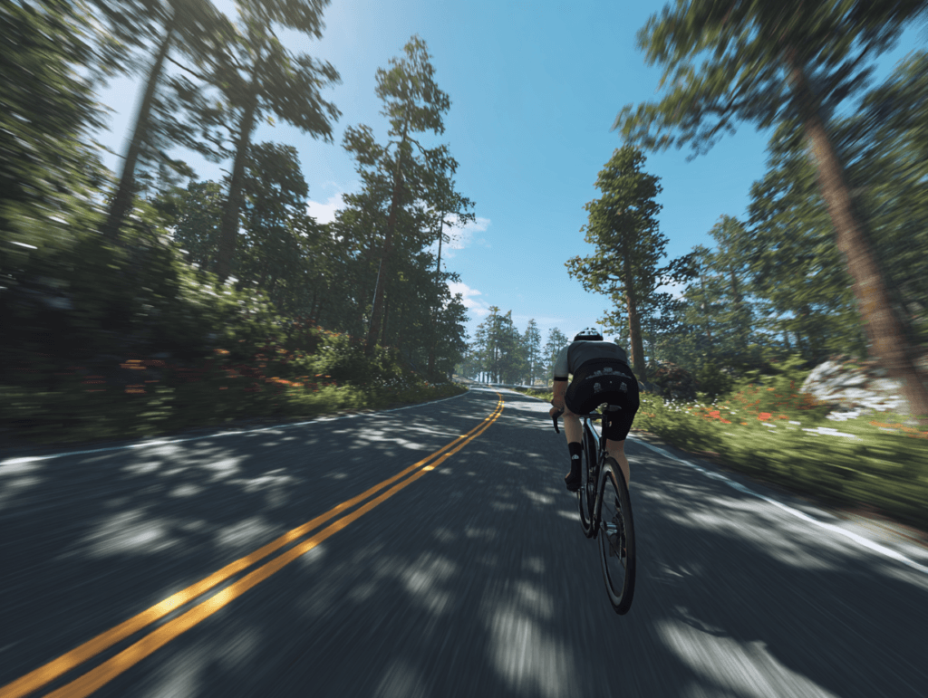 Virtual cyclist riding on a forest road within a virtual cycling environment