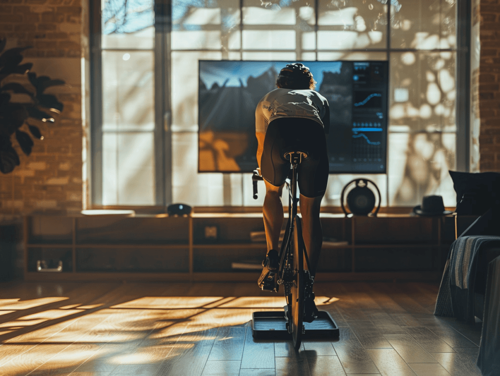 Virtual road cycling race with rider data and broadcast-style graphics