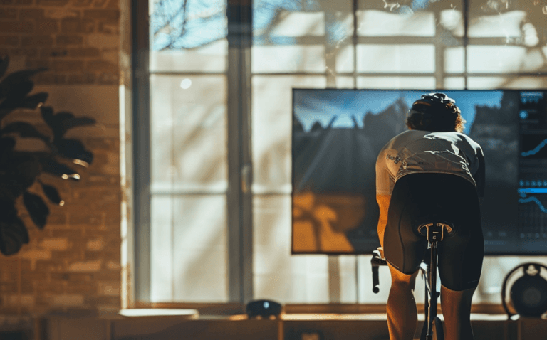 Virtual road cycling race with rider data and broadcast-style graphics