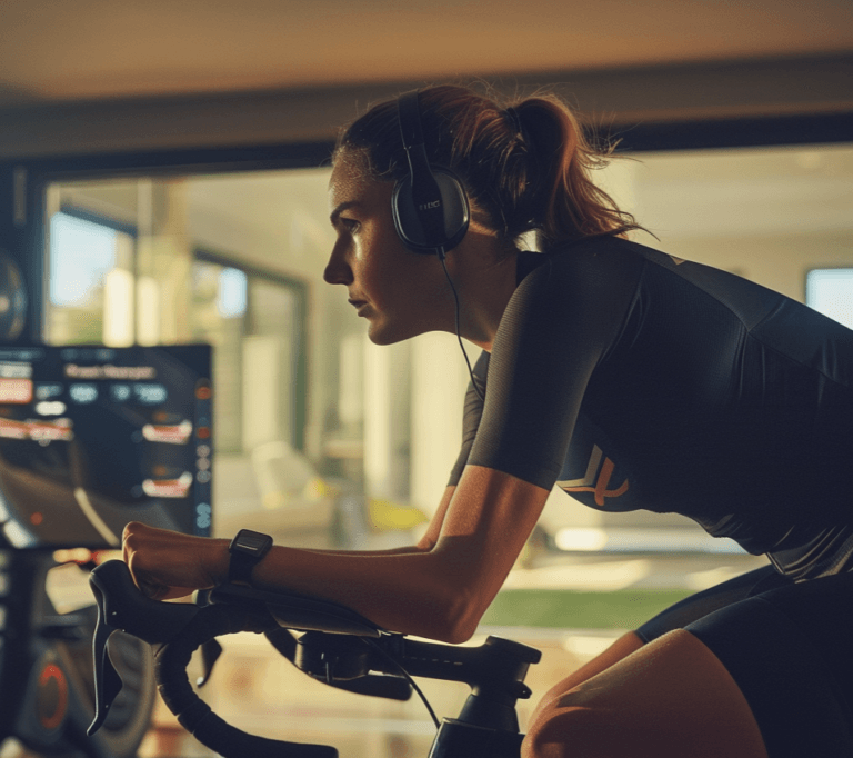 Female cyclist training session using performance technology and bike computers during a road workout.