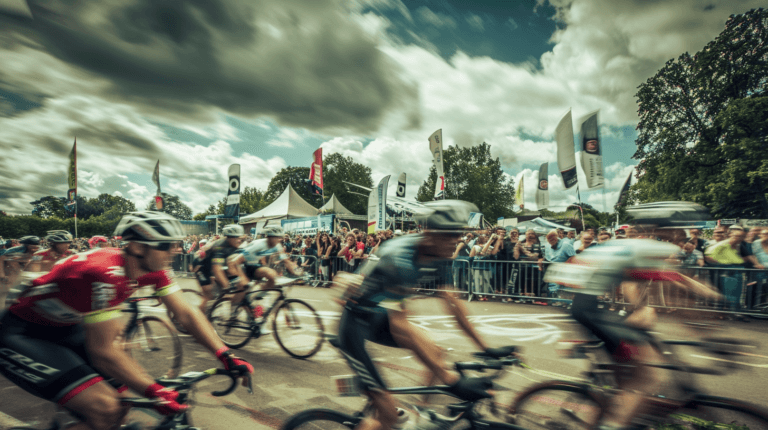 Post-finish scene at a professional road cycling race, rider resting in the finish zone with spectators and media nearby