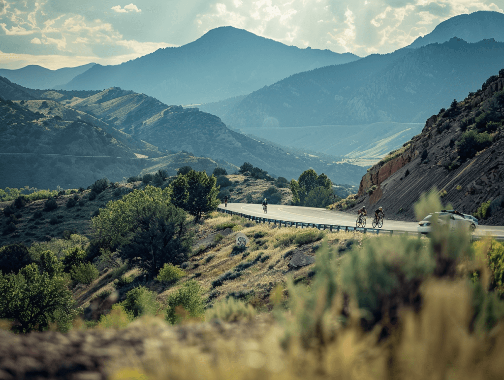 Cyclists riding through natural mountain scenery