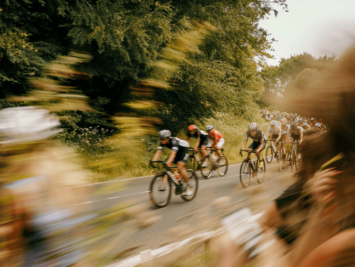 Professional road cycling peloton racing on open road with integrated team equipment and performance sponsors