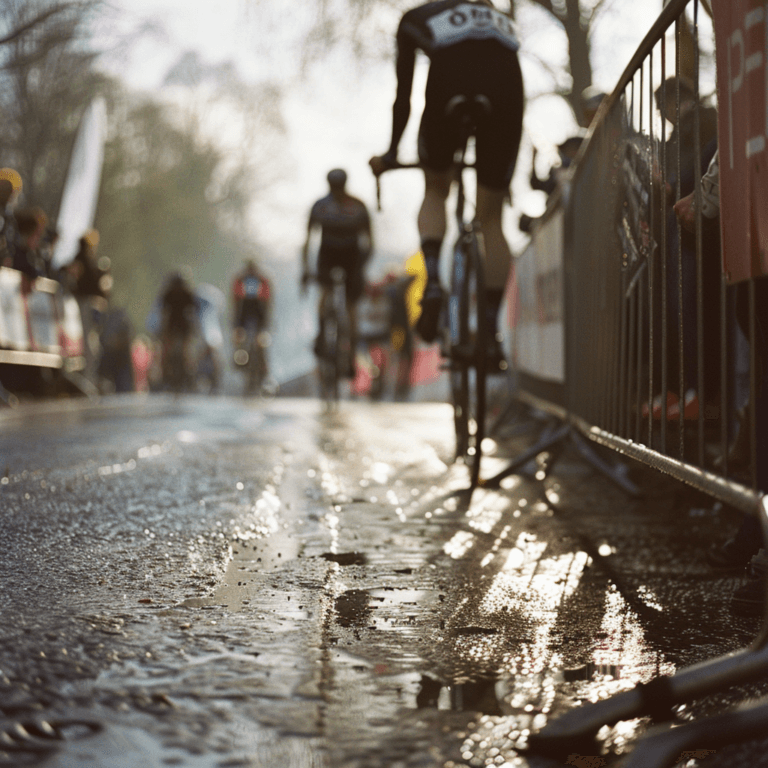 Professional road cycling finish area with riders and spectators in soft focus.