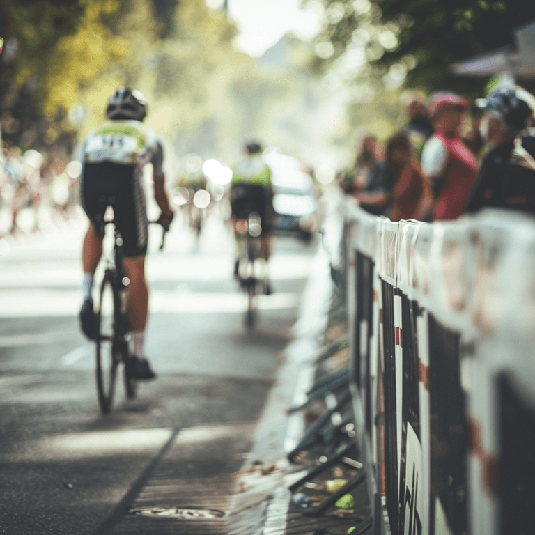 Professional road cycling finish area with riders and spectators in soft focus.