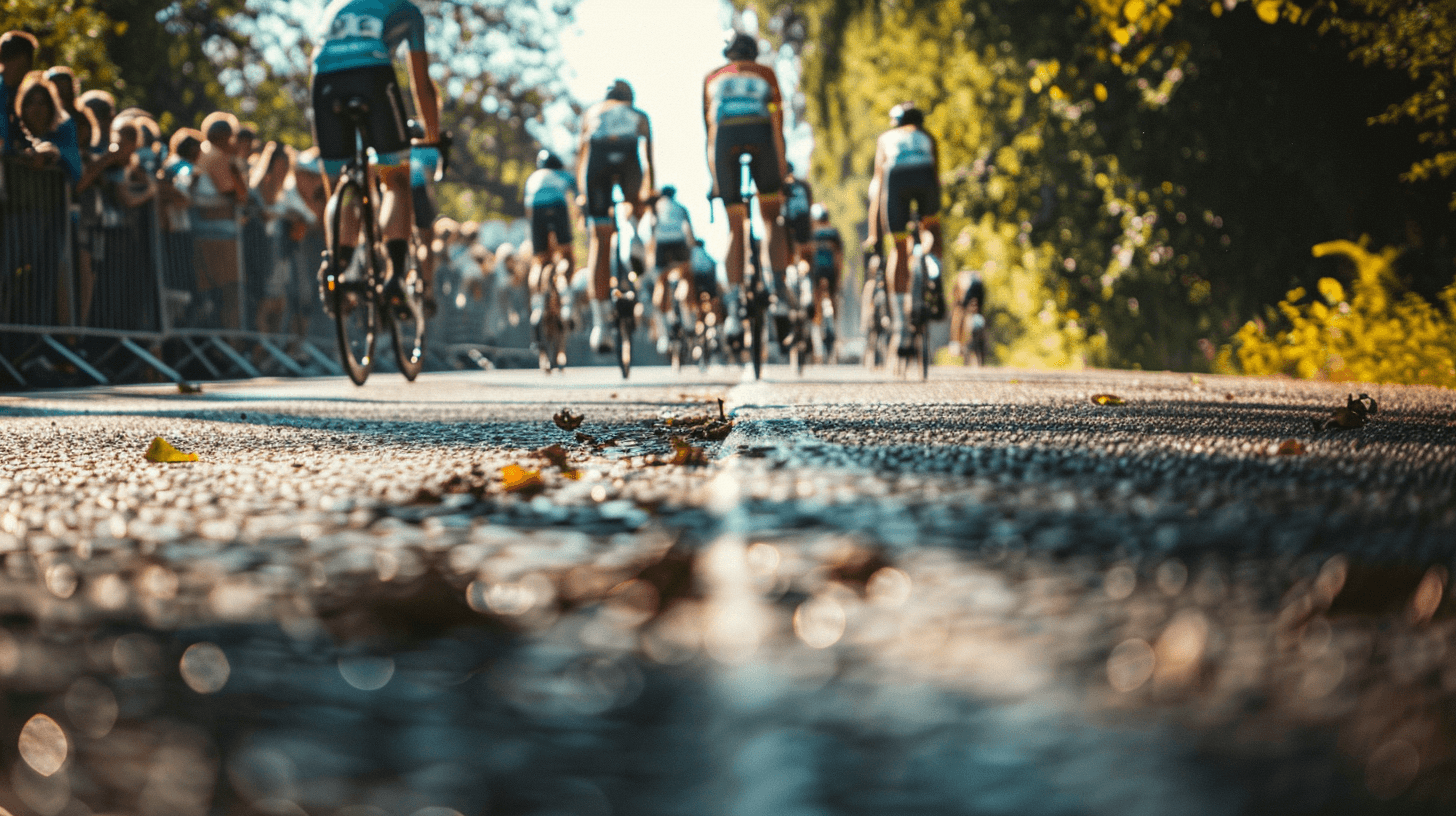 Spectators watching a professional cycling race as riders pass in the distance with motion blur on a tree-lined summer road